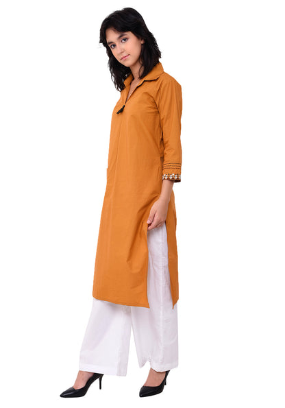 Front Patch Pocket Emroidered Kurta - Mustard