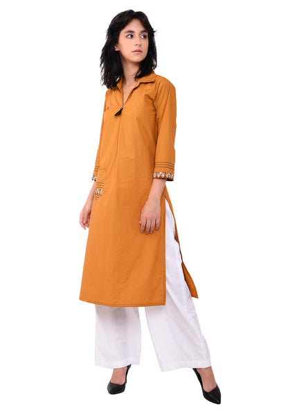Front Patch Pocket Emroidered Kurta - Mustard