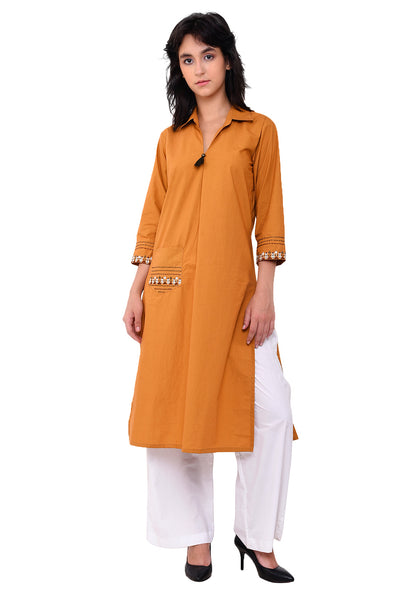 Front Patch Pocket Emroidered Kurta - Mustard
