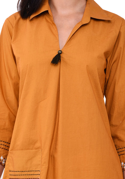 Front Patch Pocket Emroidered Kurta - Mustard