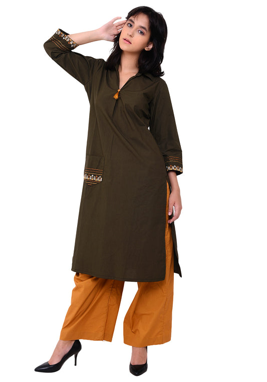 Front Patch Pocket Emroidered Kurta - Army Green