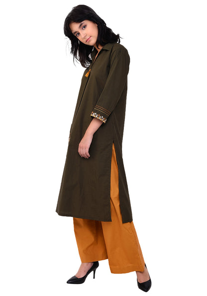Front Patch Pocket Emroidered Kurta - Army Green