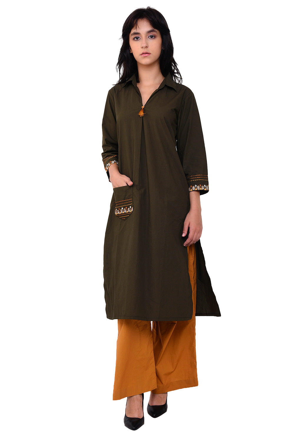 Front Patch Pocket Emroidered Kurta - Army Green