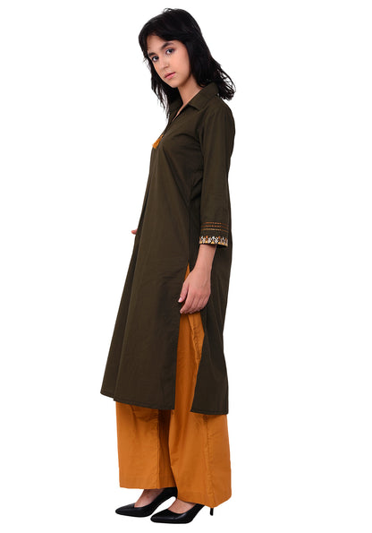 Front Patch Pocket Emroidered Kurta - Army Green
