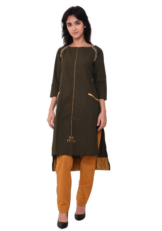 Emroidred Raglan Sleeve Kurta - Army Green