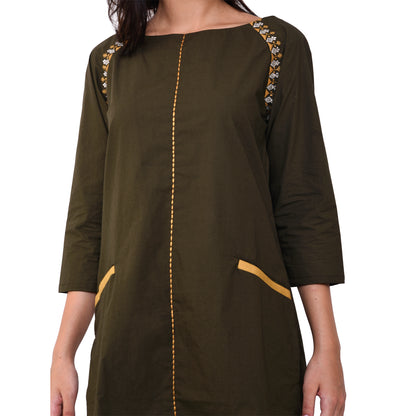 Emroidred Raglan Sleeve Kurta - Army Green