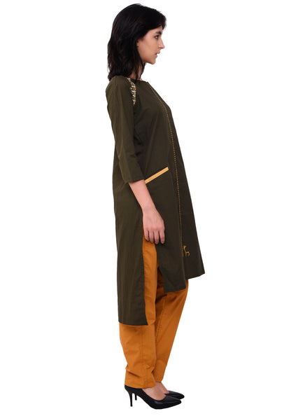 Emroidred Raglan Sleeve Kurta - Army Green