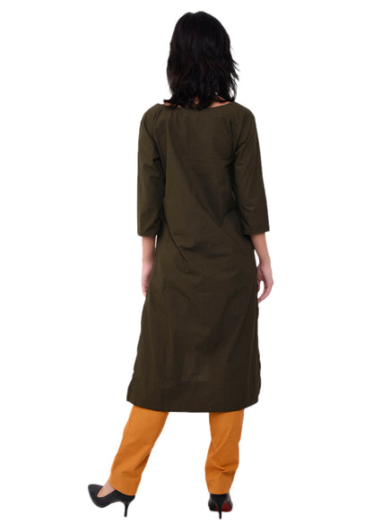 Emroidred Raglan Sleeve Kurta - Army Green