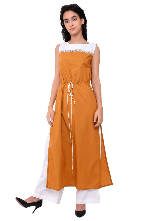 Yoke Embroidered Tie- Up Kurta - Mustard