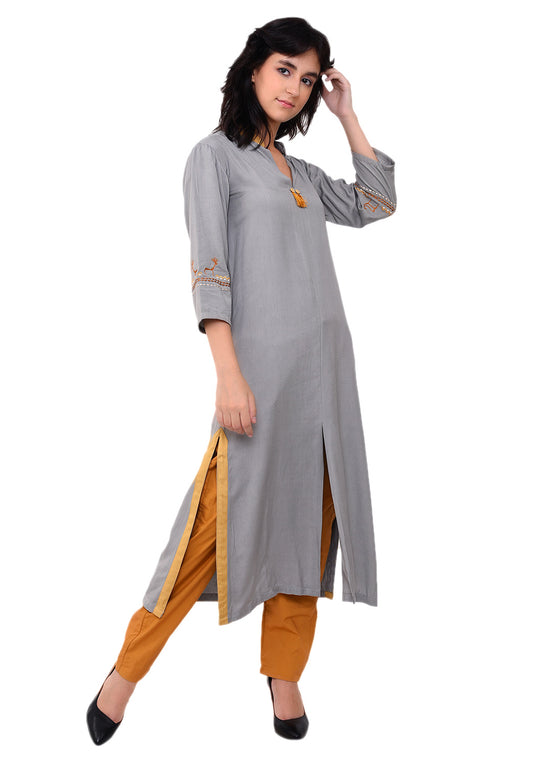 Embroidered Front Slit Kurta - Grey