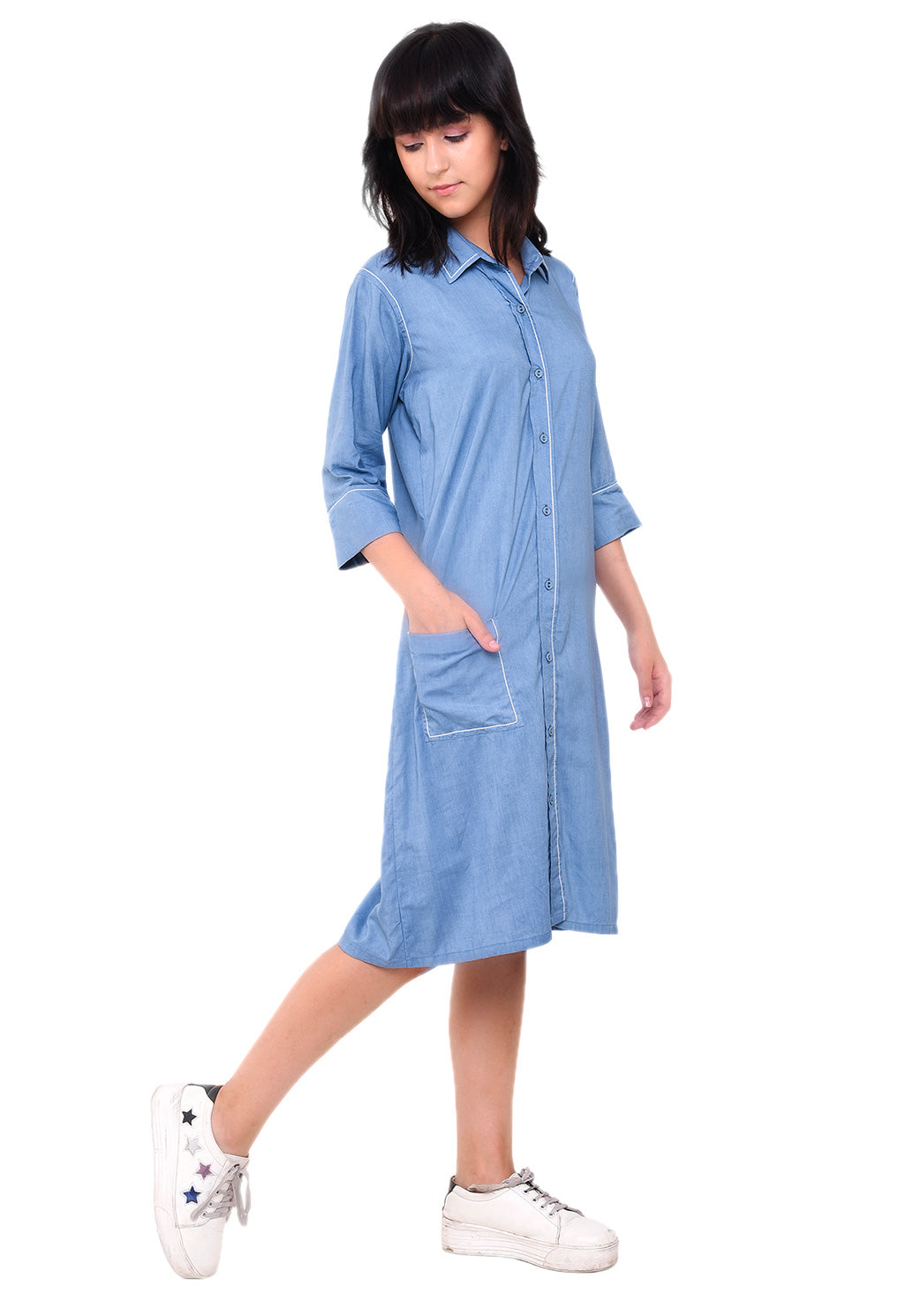 Anchor Thread Detail Shirt Dress - Faded Denim