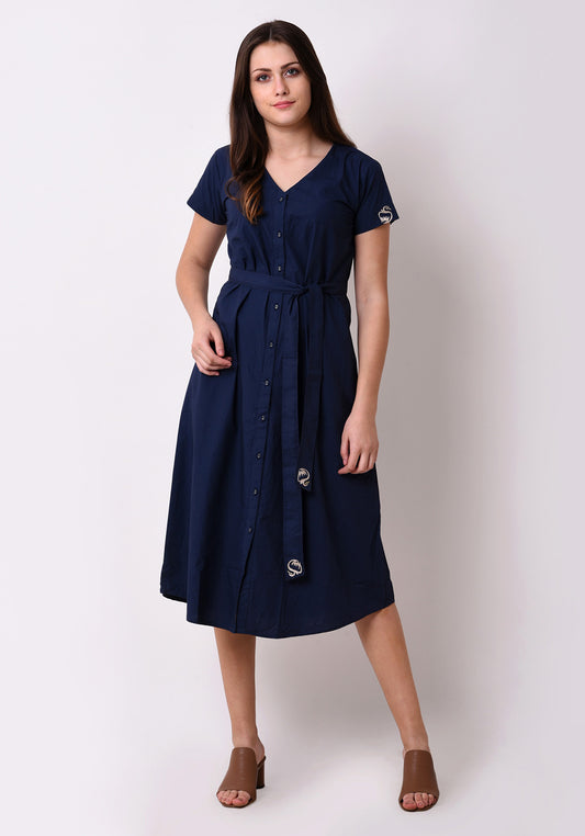 V- Neck Button Down Dress - Navy Blue