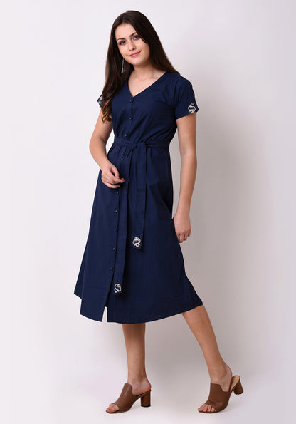 V- Neck Button Down Dress - Navy Blue