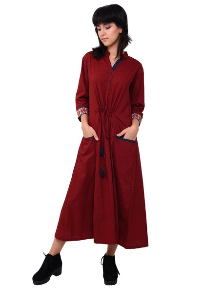 Front Tie-up Welt Pocket Dress - Maroon