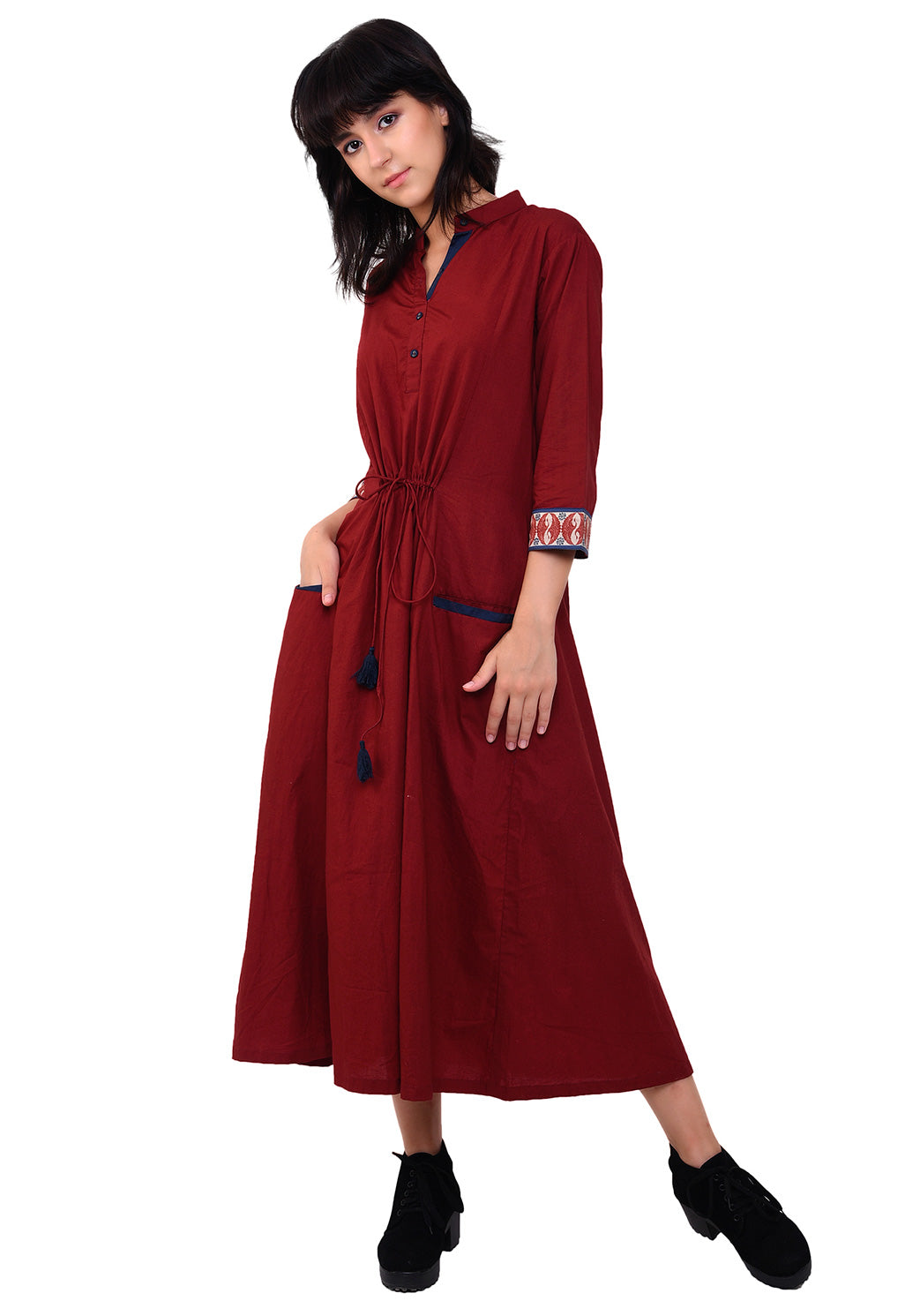 Front Tie-up Welt Pocket Dress - Maroon