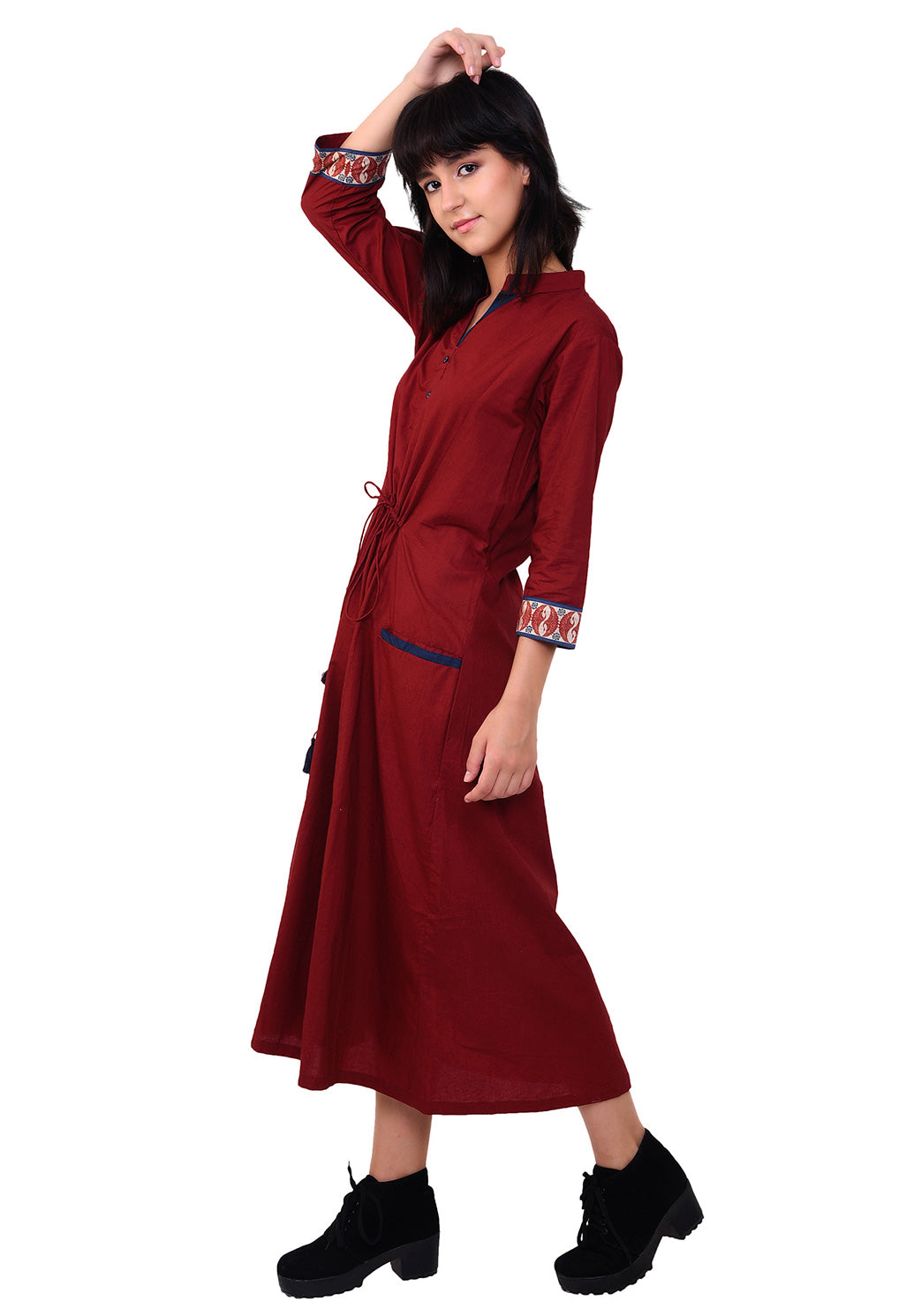 Front Tie-up Welt Pocket Dress - Maroon