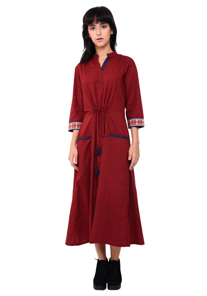 Front Tie-up Welt Pocket Dress - Maroon
