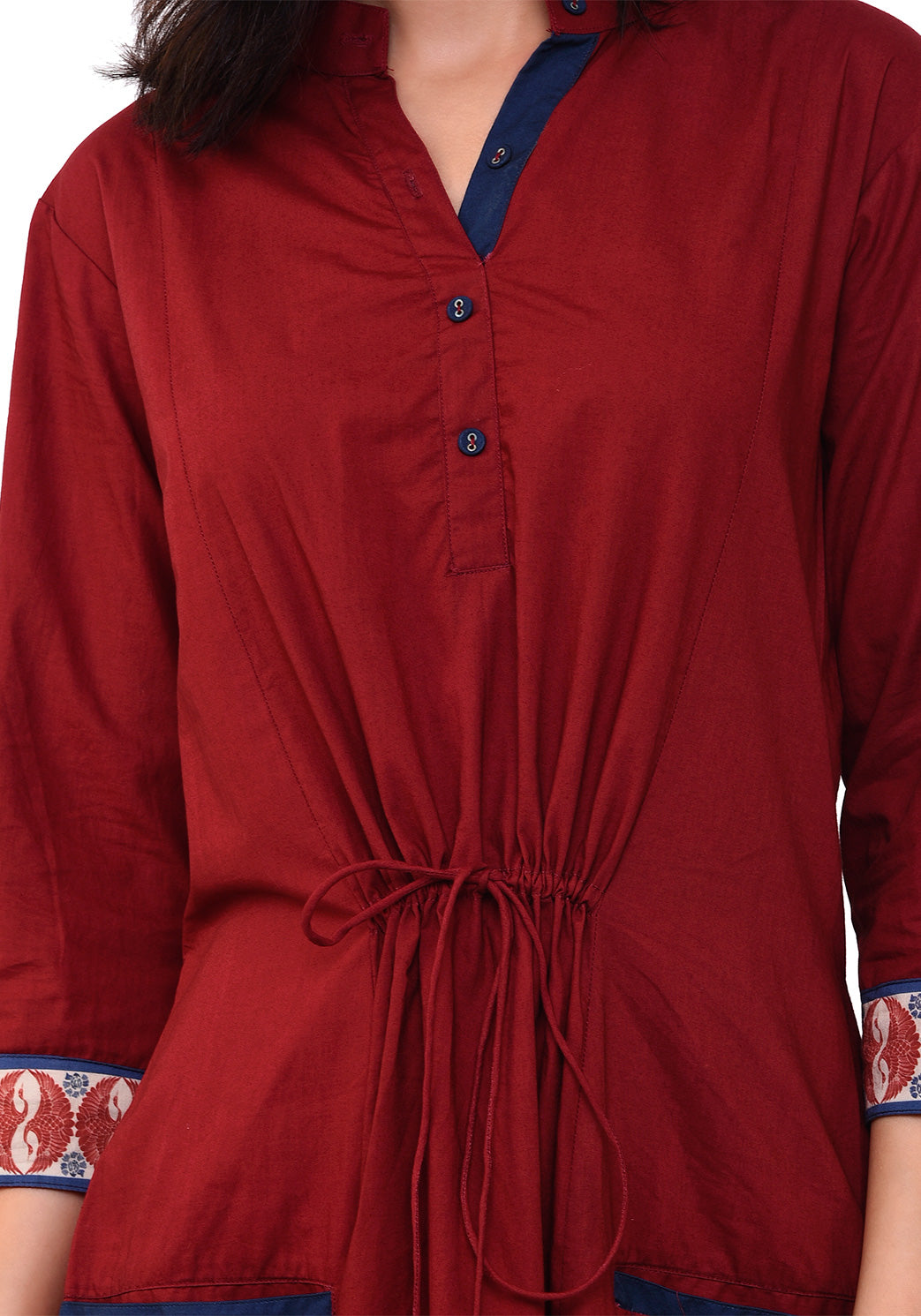 Front Tie-up Welt Pocket Dress - Maroon