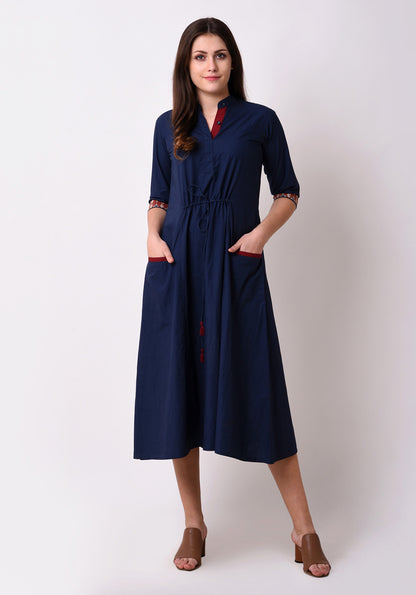 Front Tie-up Welt Pocket Dress - Navy Blue