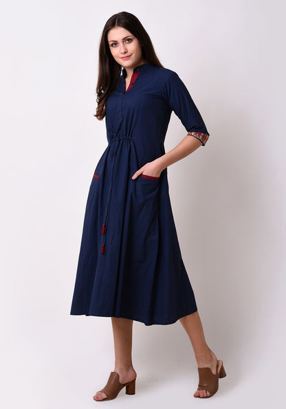 Front Tie-up Welt Pocket Dress - Navy Blue