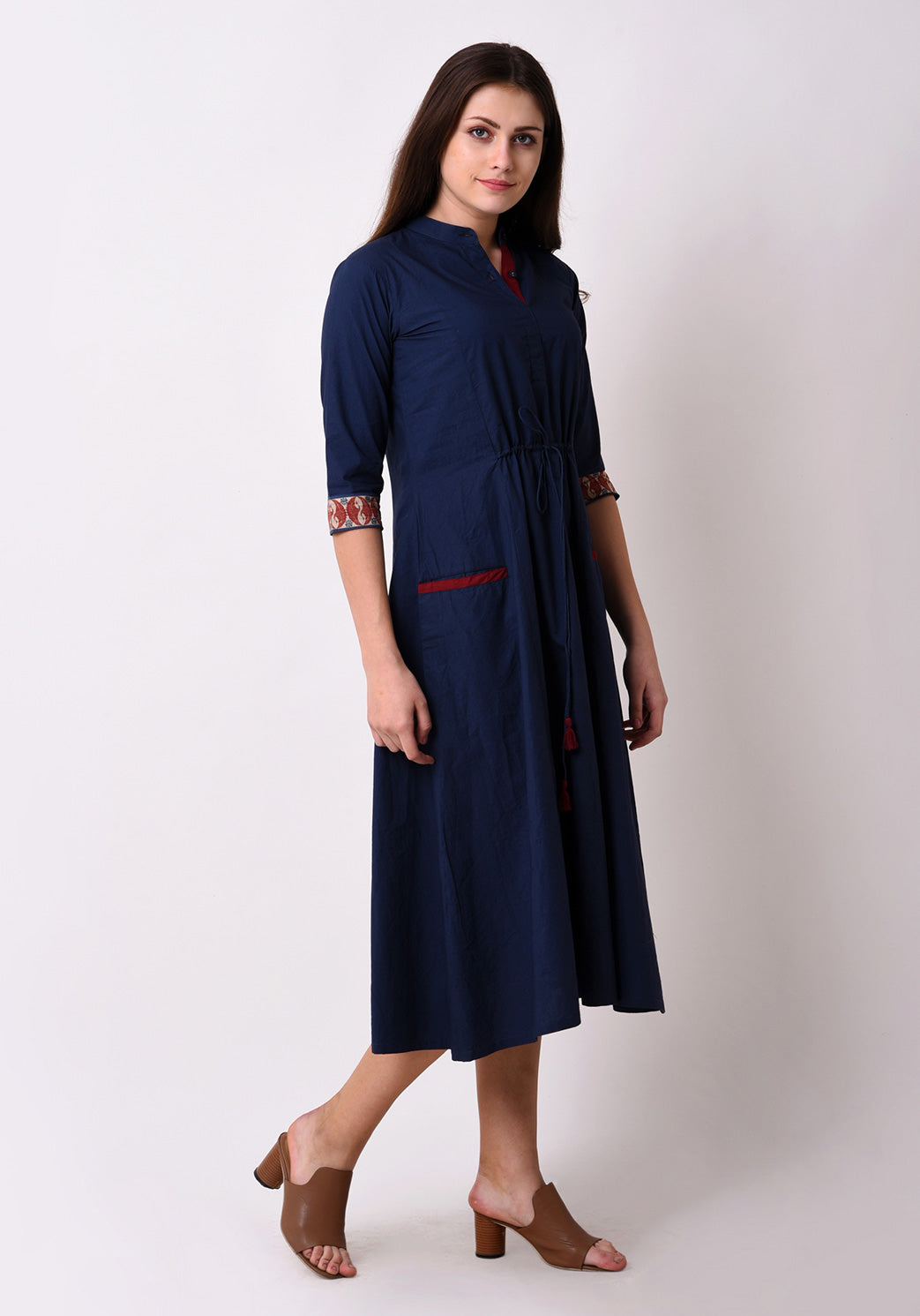 Front Tie-up Welt Pocket Dress - Navy Blue