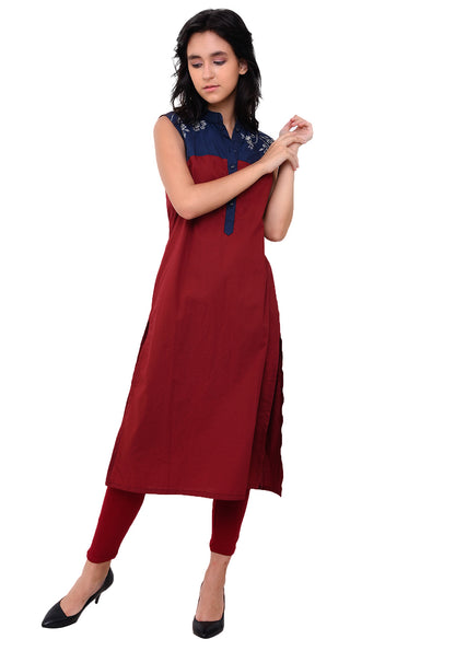 Embroidered Yoke Kurta - Maroon