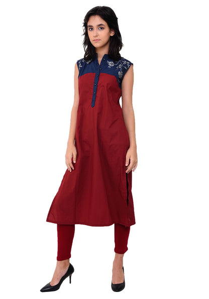 Embroidered Yoke Kurta - Maroon