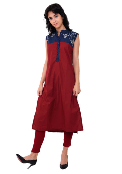 Embroidered Yoke Kurta - Maroon