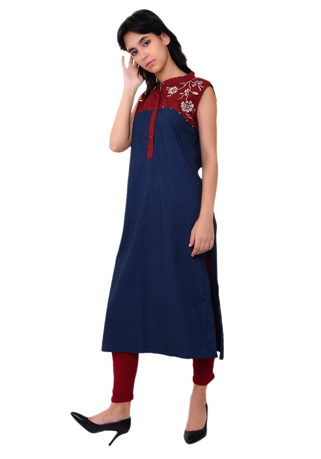 Embroidered Yoke Kurta - Navy Blue