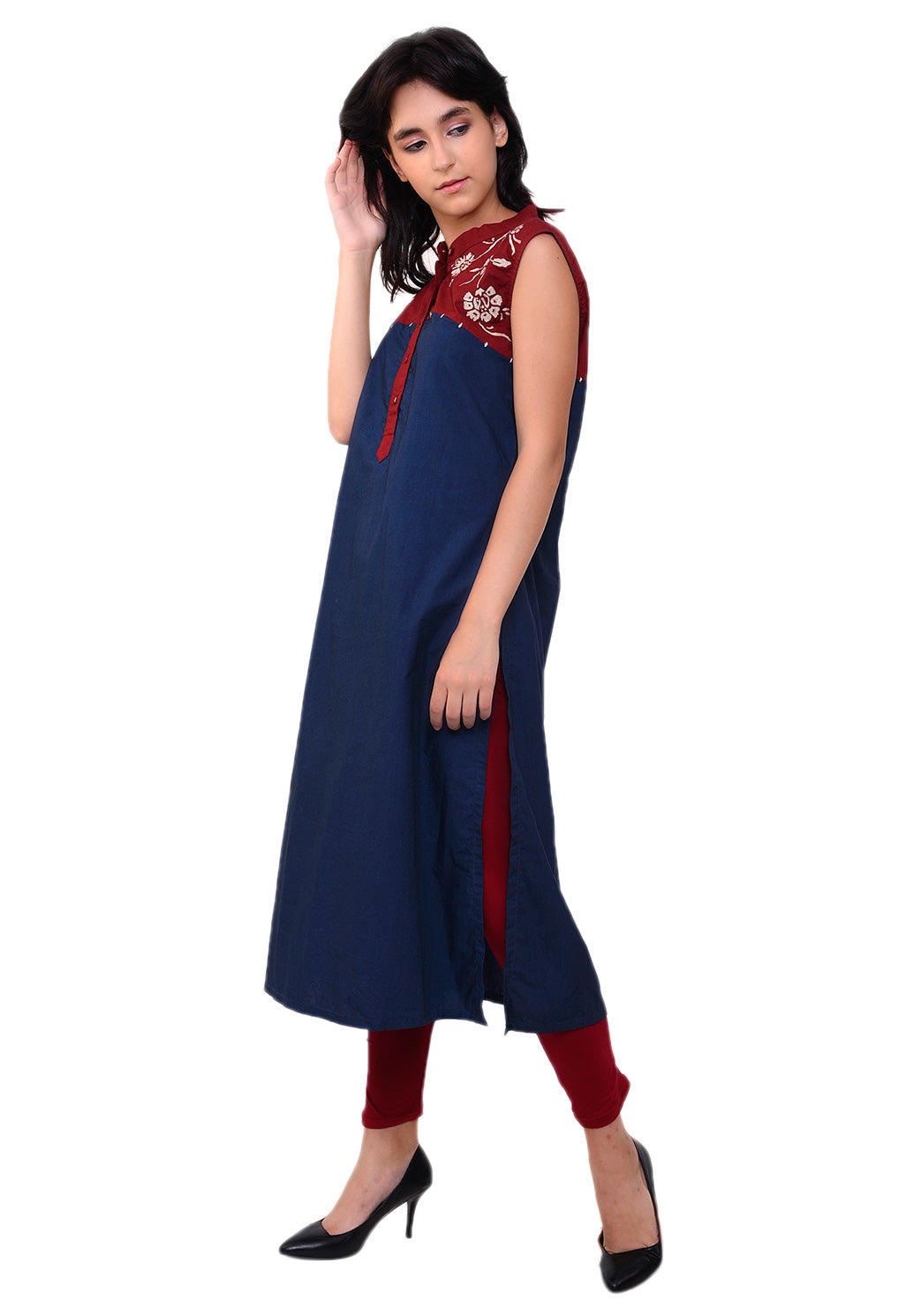 Embroidered Yoke Kurta - Navy Blue
