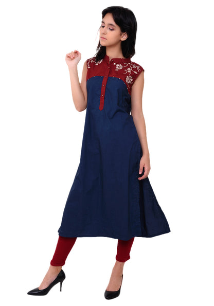 Embroidered Yoke Kurta - Navy Blue