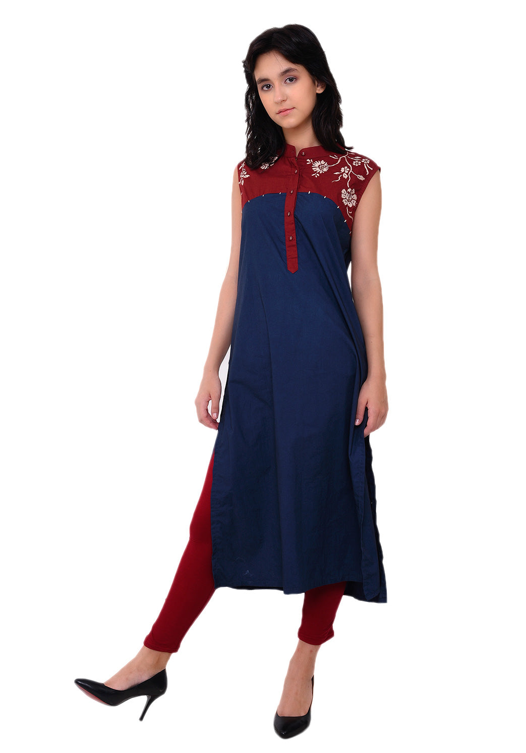 Embroidered Yoke Kurta - Navy Blue