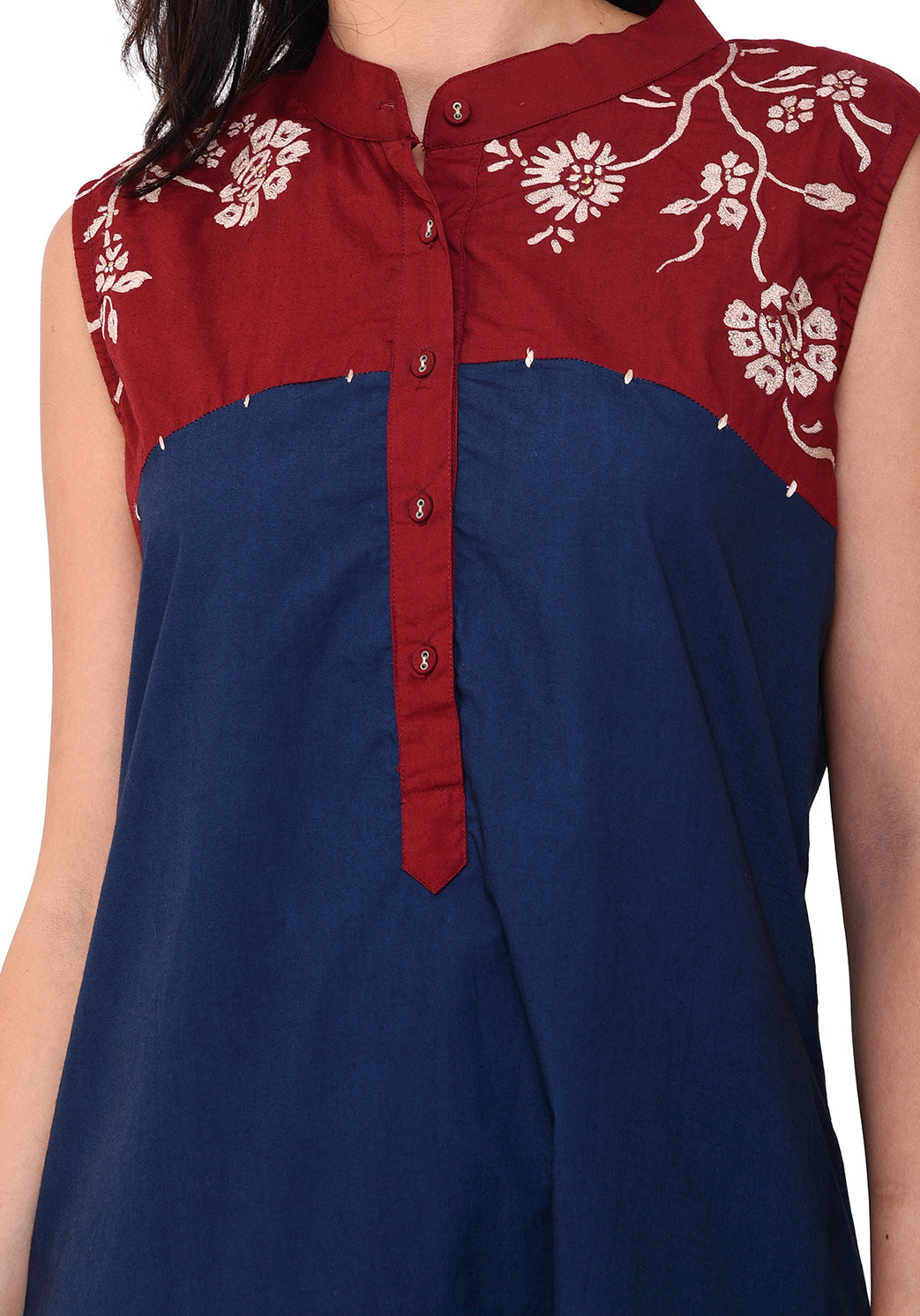 Embroidered Yoke Kurta - Navy Blue