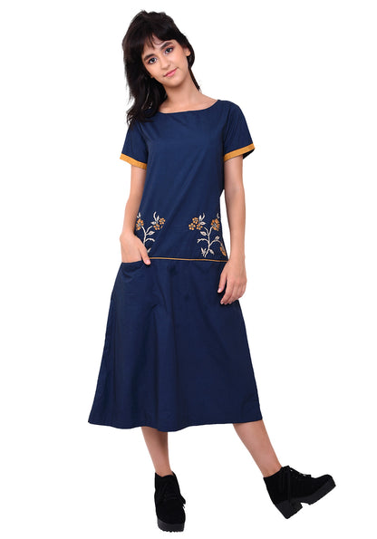 Floral Embroidered Front Pocket Dress - Navy Blue