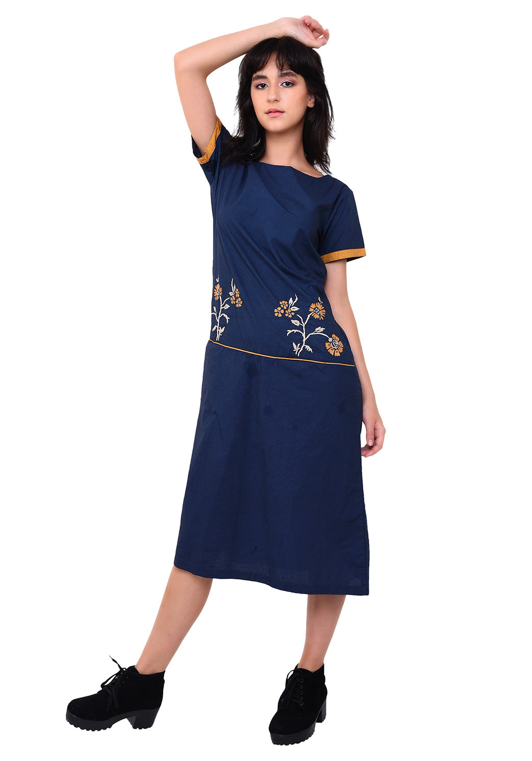 Floral Embroidered Front Pocket Dress - Navy Blue