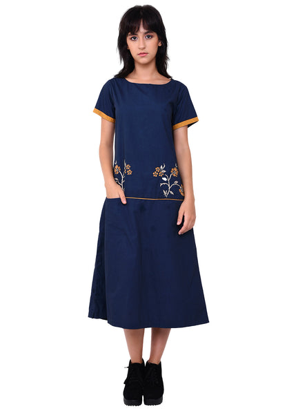 Floral Embroidered Front Pocket Dress - Navy Blue