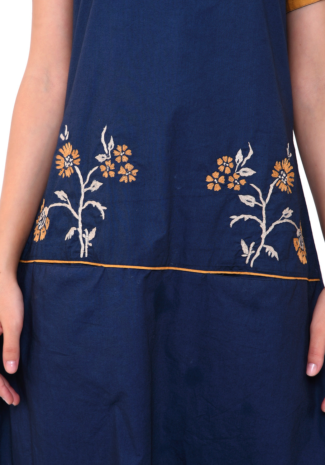 Floral Embroidered Front Pocket Dress - Navy Blue