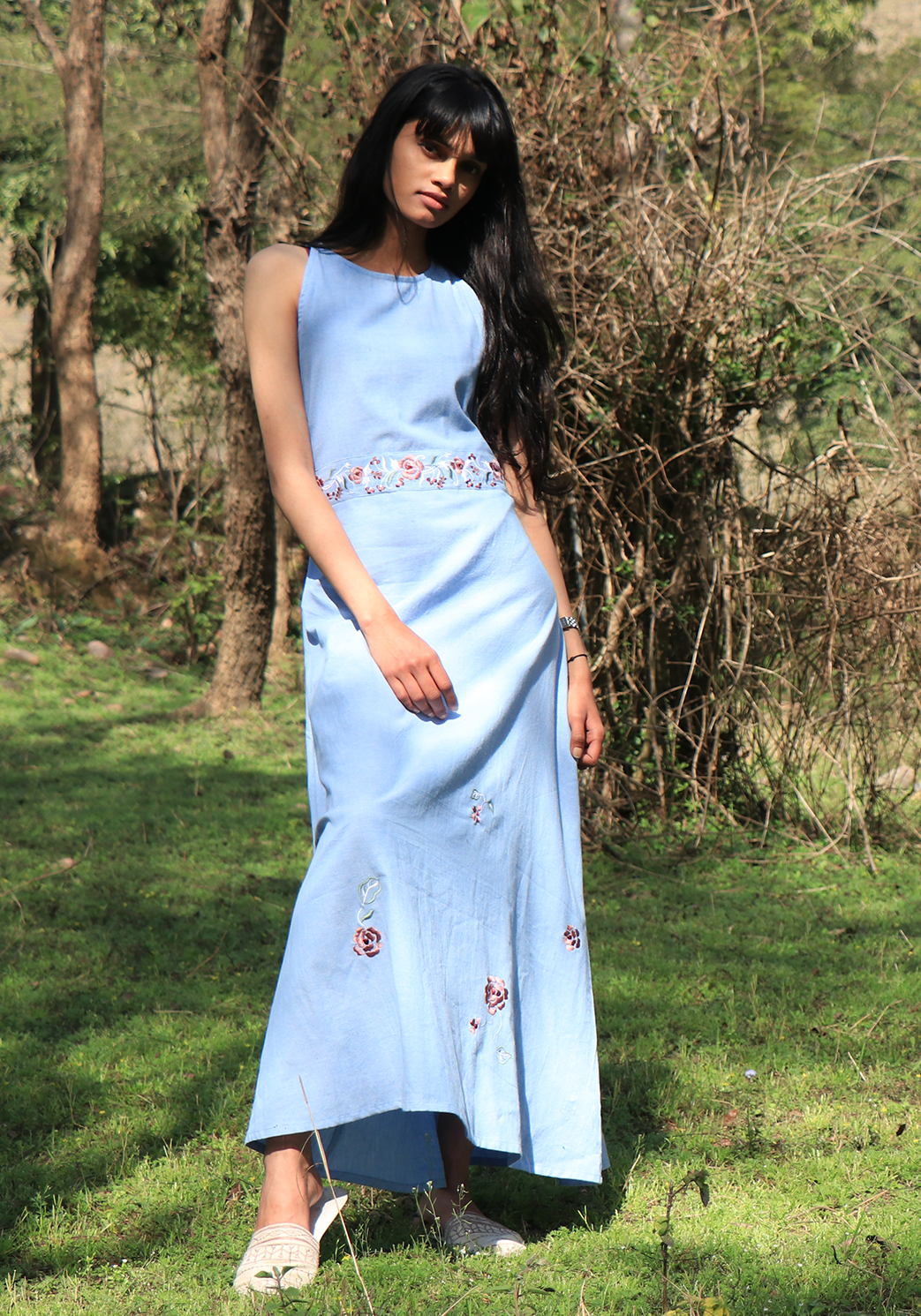 Chambray Tie-up Wan Blue Maxi Dress
