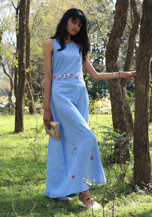 Chambray Tie-up Wan Blue Maxi Dress