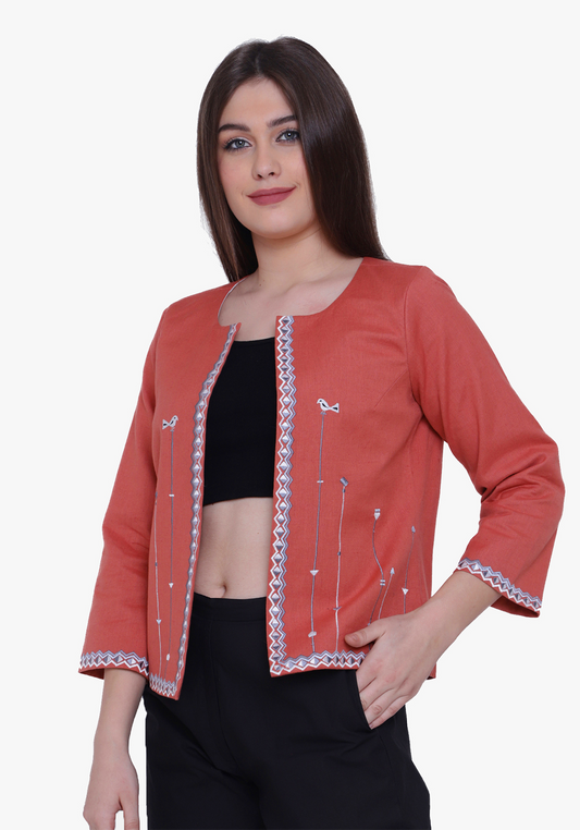 Dusty Orange Tribal Embroidered Jacket