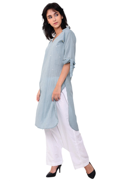 Knot Tie Sleeves V-Neck Straight Tunic - Pale Aqua