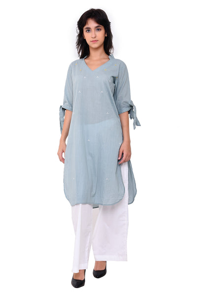 Knot Tie Sleeves V-Neck Straight Tunic - Pale Aqua