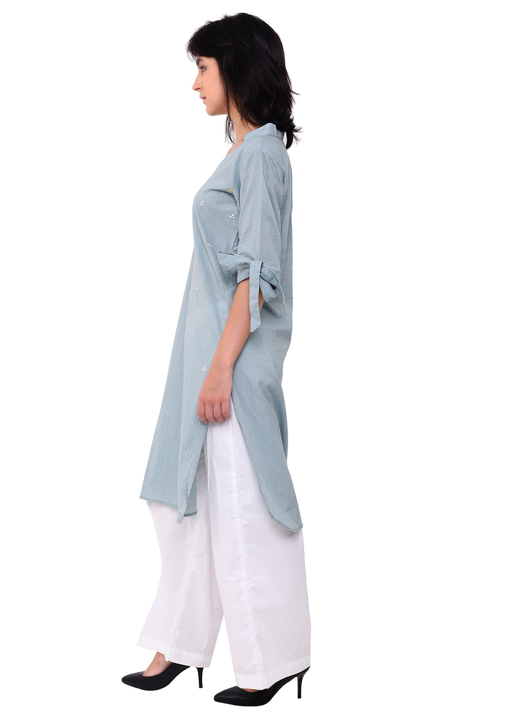 Knot Tie Sleeves V-Neck Straight Tunic - Pale Aqua