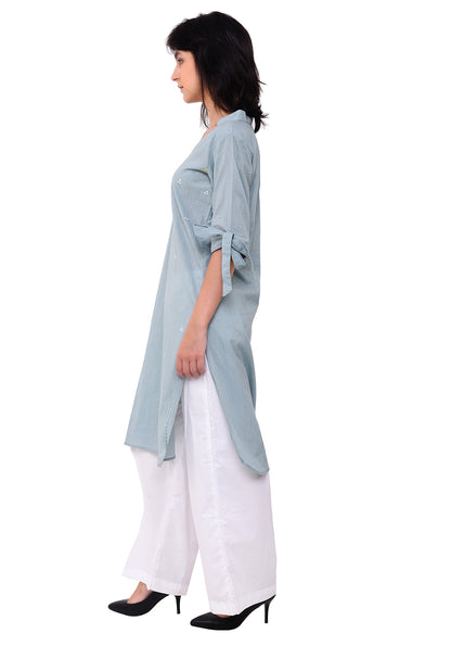 Knot Tie Sleeves V-Neck Straight Tunic - Pale Aqua