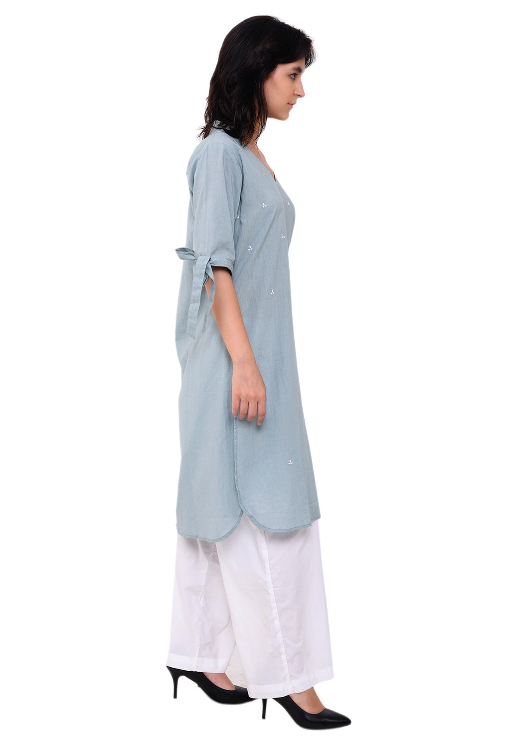 Knot Tie Sleeves V-Neck Straight Tunic - Pale Aqua