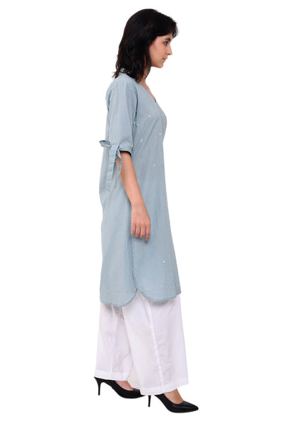 Knot Tie Sleeves V-Neck Straight Tunic - Pale Aqua