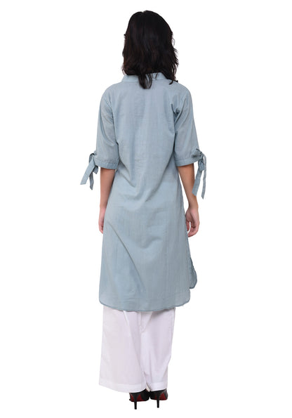 Knot Tie Sleeves V-Neck Straight Tunic - Pale Aqua