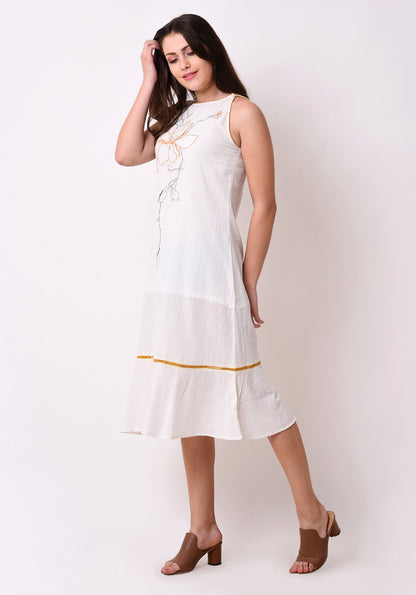 Waffle Dobby Embroidered Shift Dress - White