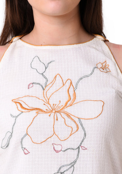 Waffle Dobby Embroidered Shift Dress - White