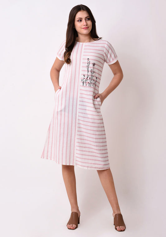 Striped Embroidered Dress - Blush Pink